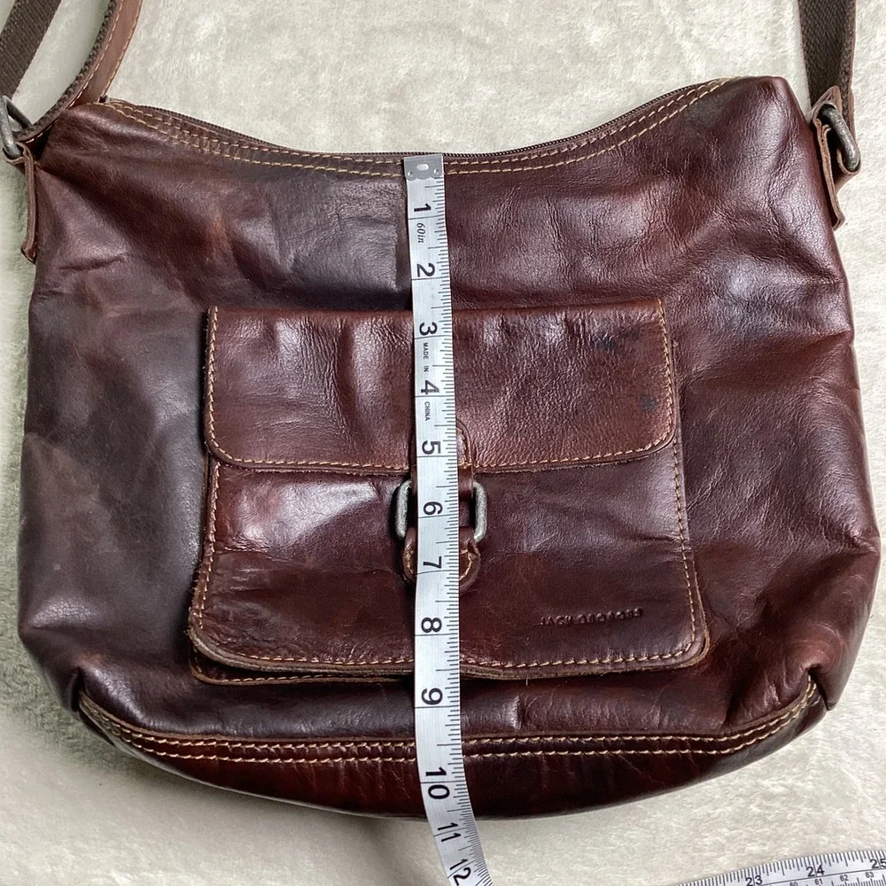 Jack Georges Dark Brown Leather Crossbody Bag Voyager Messenger Striped Lining